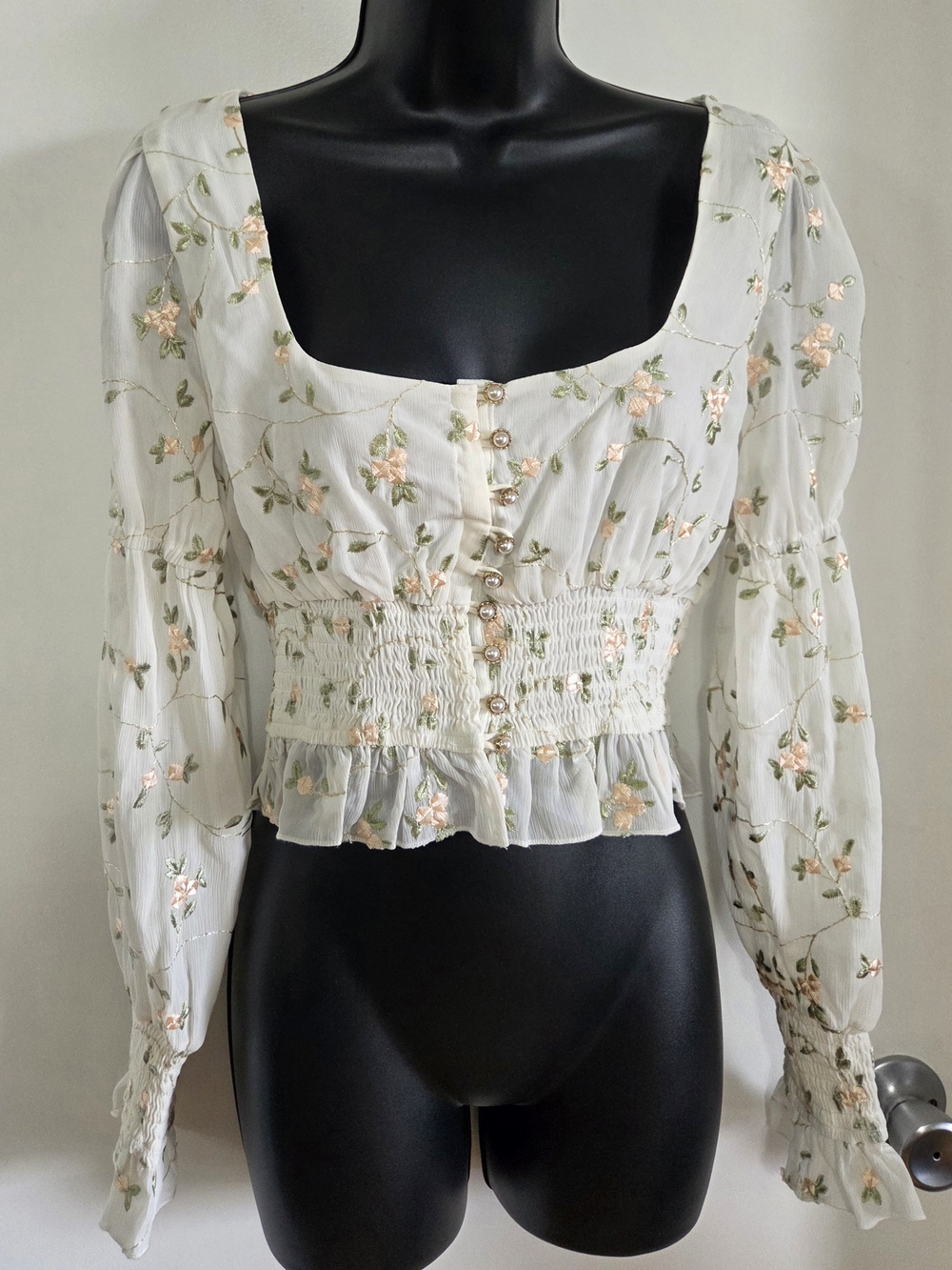 Majorelle Emerson Floral Embroidered Smocked Crop Top / Blouse